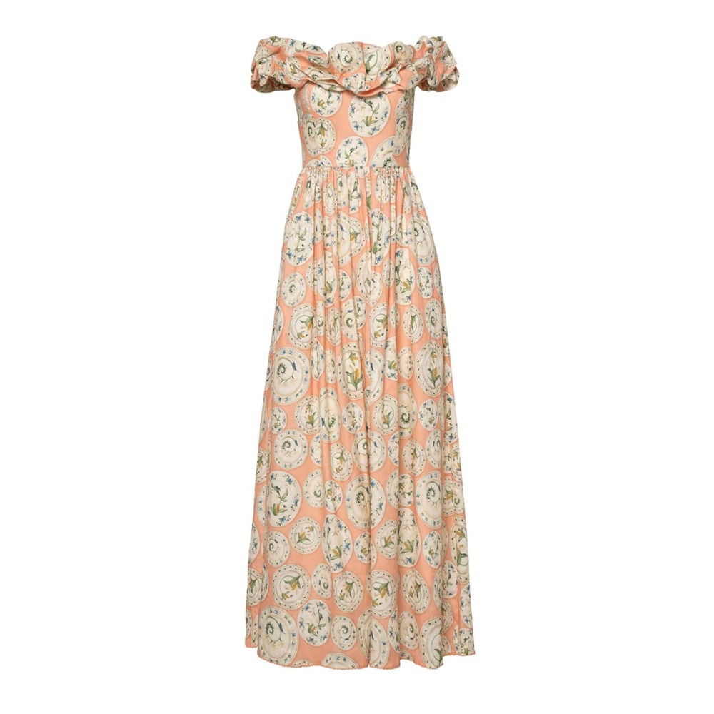 NWT Agua Bendita Espliego Menaje Maxi Dress Pink Floral Plates Dots Corn XL